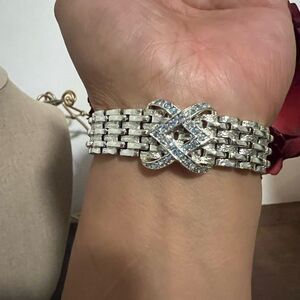 VTG Coro Pegasus Bracelet Rhinestone Double X Link Bracelet Rhodium Plated